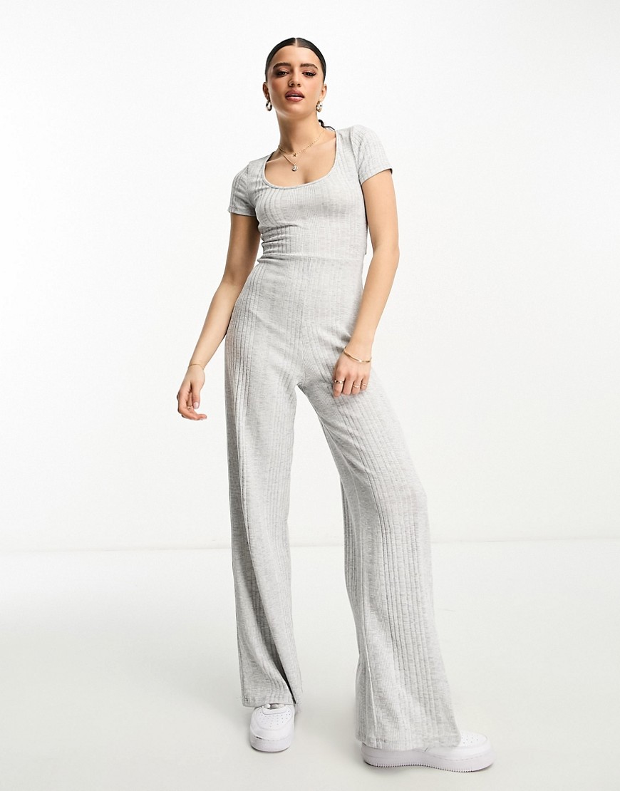 ASOS DESIGN scoop neck rib jumpsuit with cut out back in grey