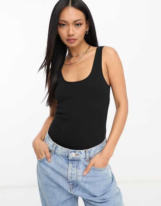 ASOS DESIGN scoop neck ribbed bodysuit in black | ASOS