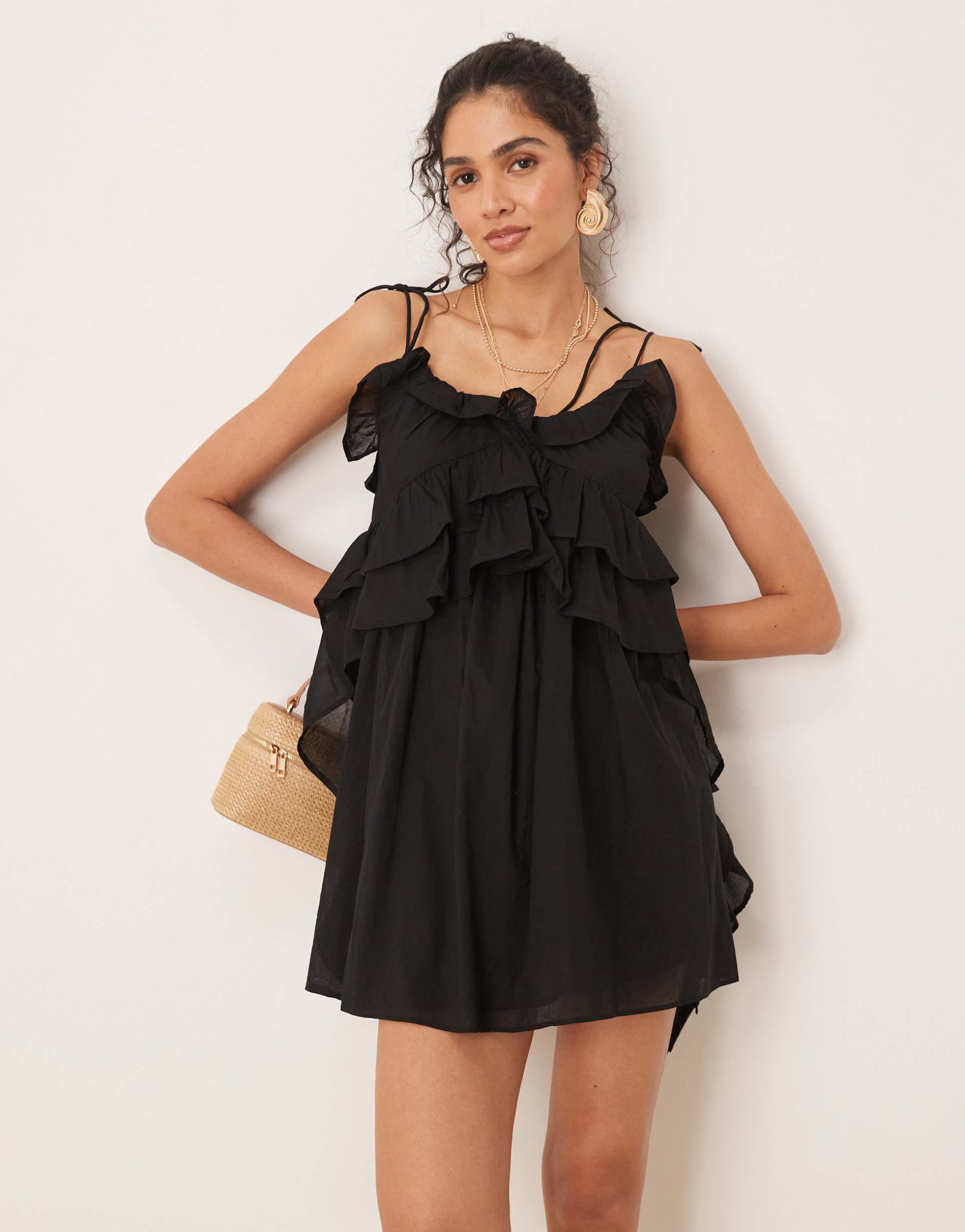 asos design scoop neck ruffle mini dress with tie straps in black