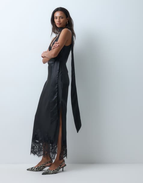 ASOS DESIGN scoop neck satin column maxi dress with lace hem and scarf in black - view 1