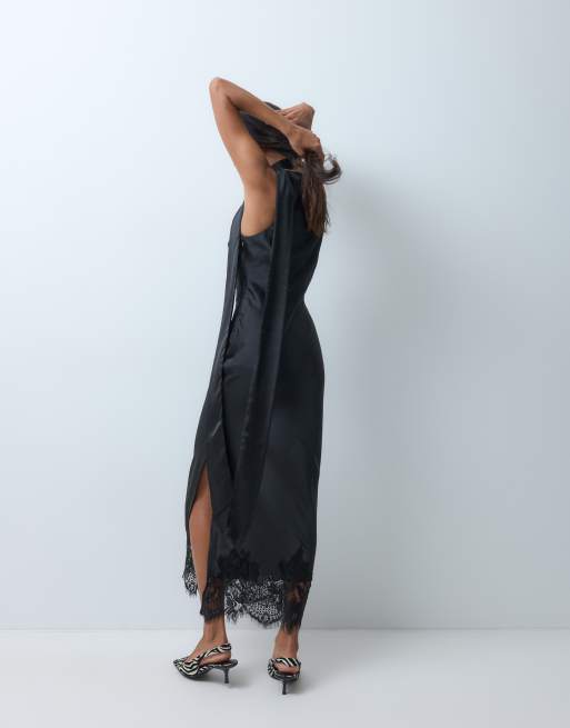 ASOS DESIGN scoop neck satin column maxi dress with lace hem and scarf in black, 5 of 5