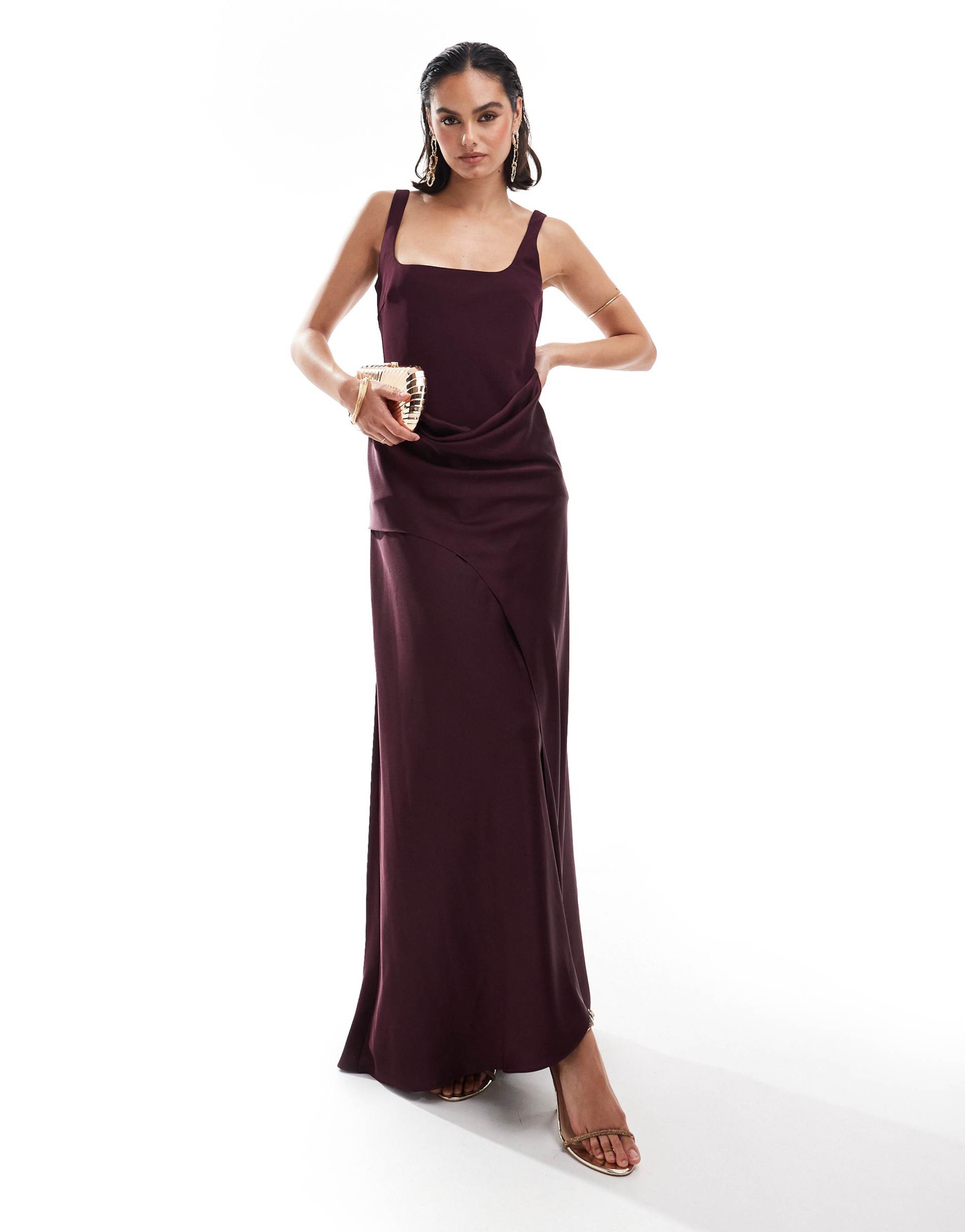 asos design scoop neck satin drape overlay maxi dress in burgundy