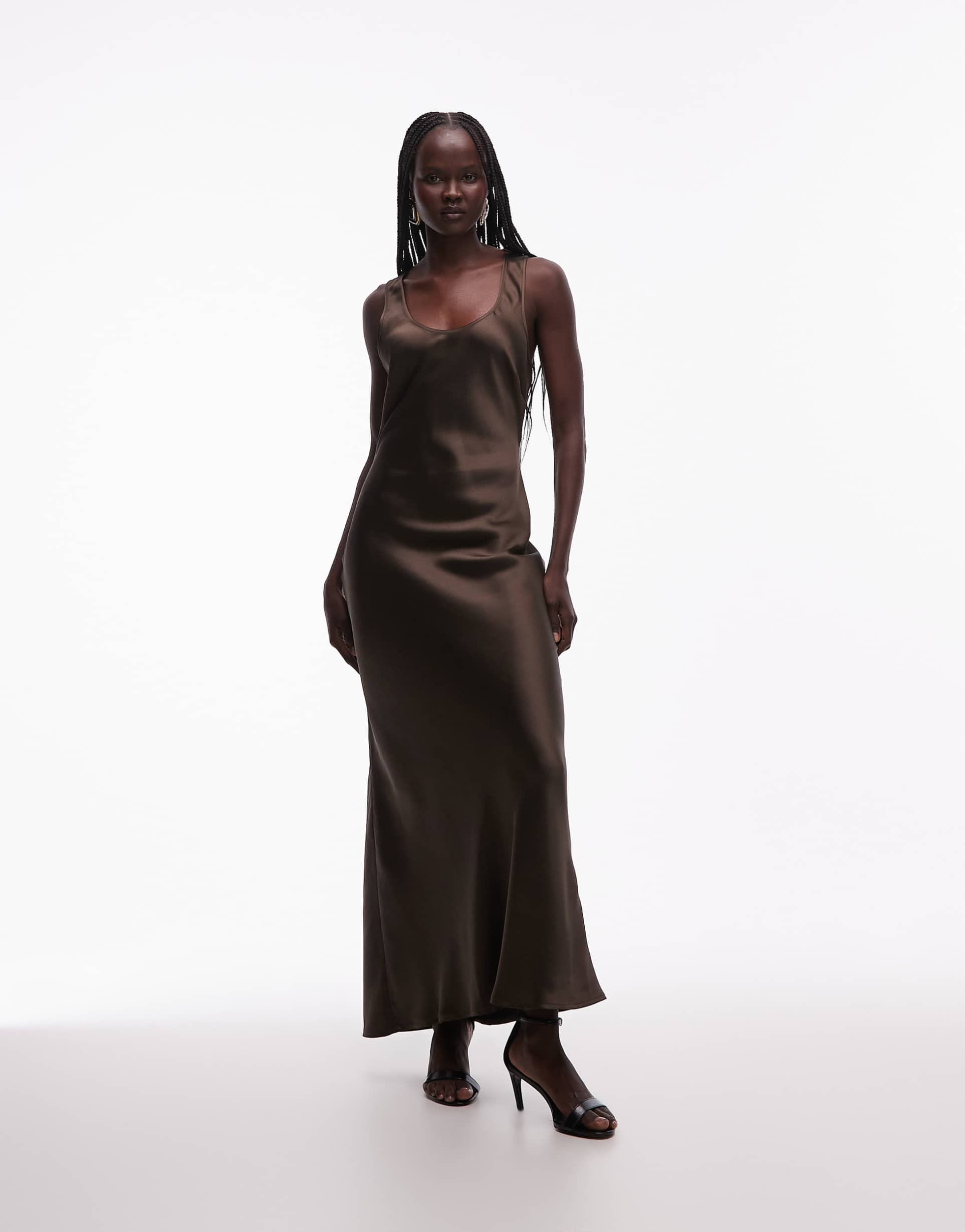 asos design scoop neck satin maxi dress in chocolate