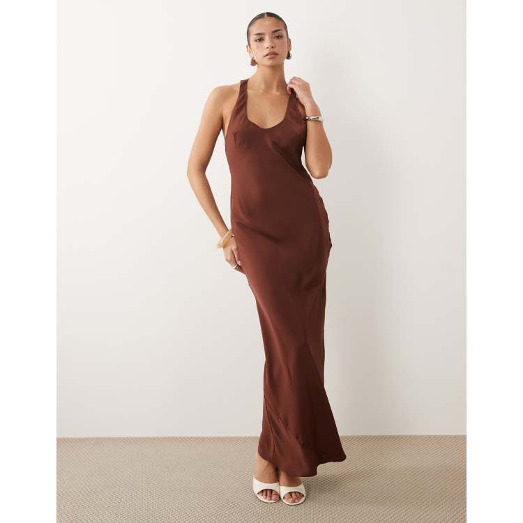brown satin maxi dress Brown Satin Tie-Strap Maxi Dress Mocha Bronze / L