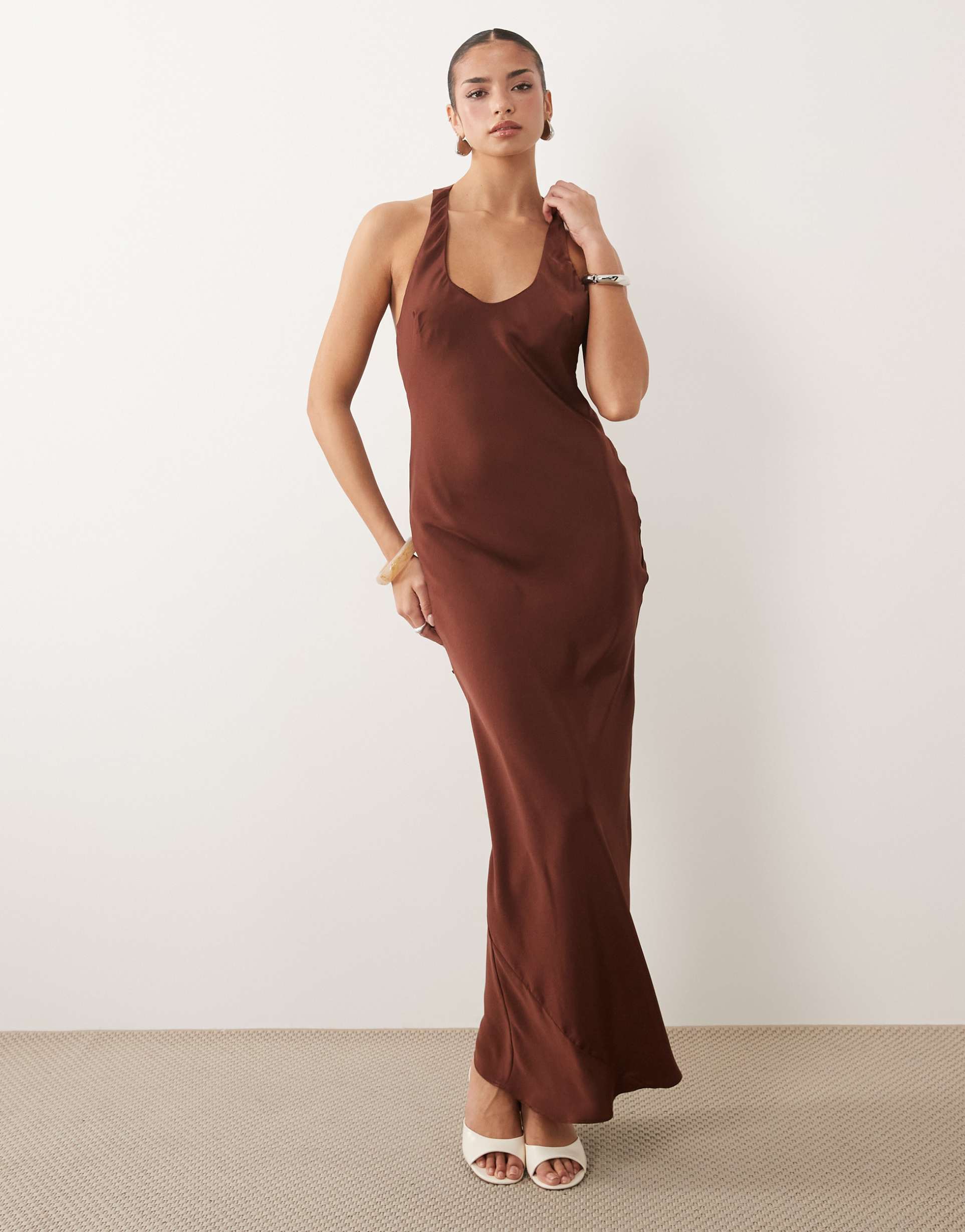asos design scoop neck satin maxi dress with tie back in brown