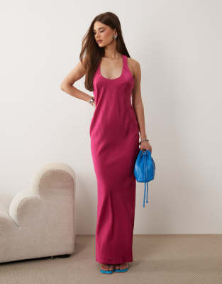 Asos Design Scoop Neck Satin Maxi Dress With Tie Back In Pink