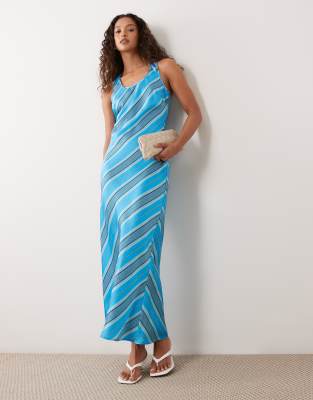 scoop neck satin midaxi dress in blue stripes-Multi