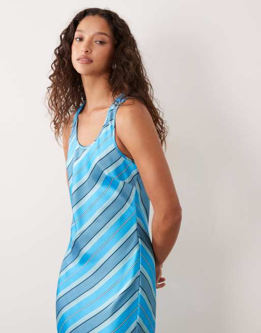 ASOS DESIGN scoop neck satin midaxi dress in blue stripes, 2 of 4