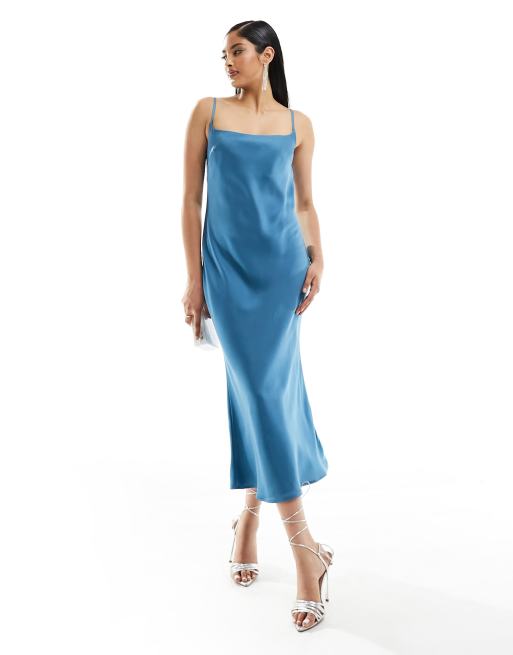 ASOS DESIGN scoop neck satin midi slip dress in teal ASOS