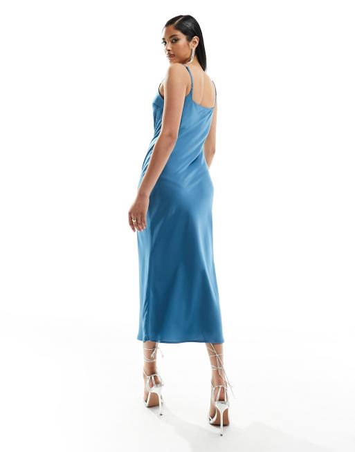 ASOS DESIGN scoop neck satin midi slip dress in teal, 3 of 4