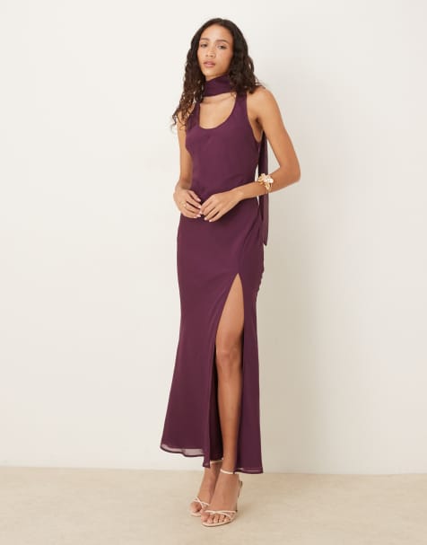 ASOS DESIGN scoop neck scarf detail midaxi dress in grape - view 1
