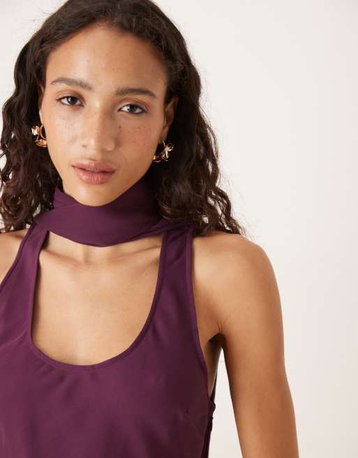 ASOS DESIGN scoop neck scarf detail midi dress in grape, 2 of 4