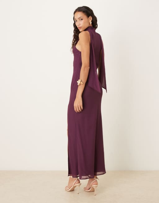 ASOS DESIGN scoop neck scarf detail midi dress in grape, 3 of 4