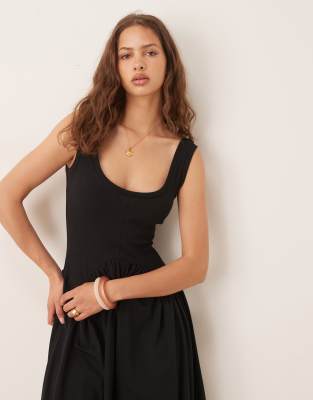 ASOS DESIGN scoop neck seam detailing dropped waist midi dress in black