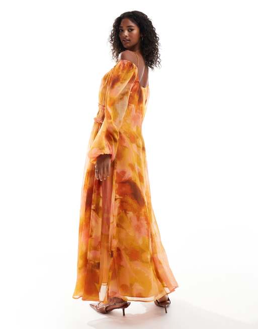 ASOS DESIGN scoop neck shirred waist insert maxi dress in orange floral print