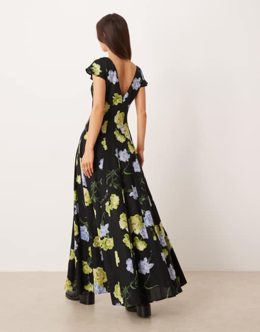 ASOS DESIGN scoop neck short sleeve maxi dress with godets in floral print, 3 of 4