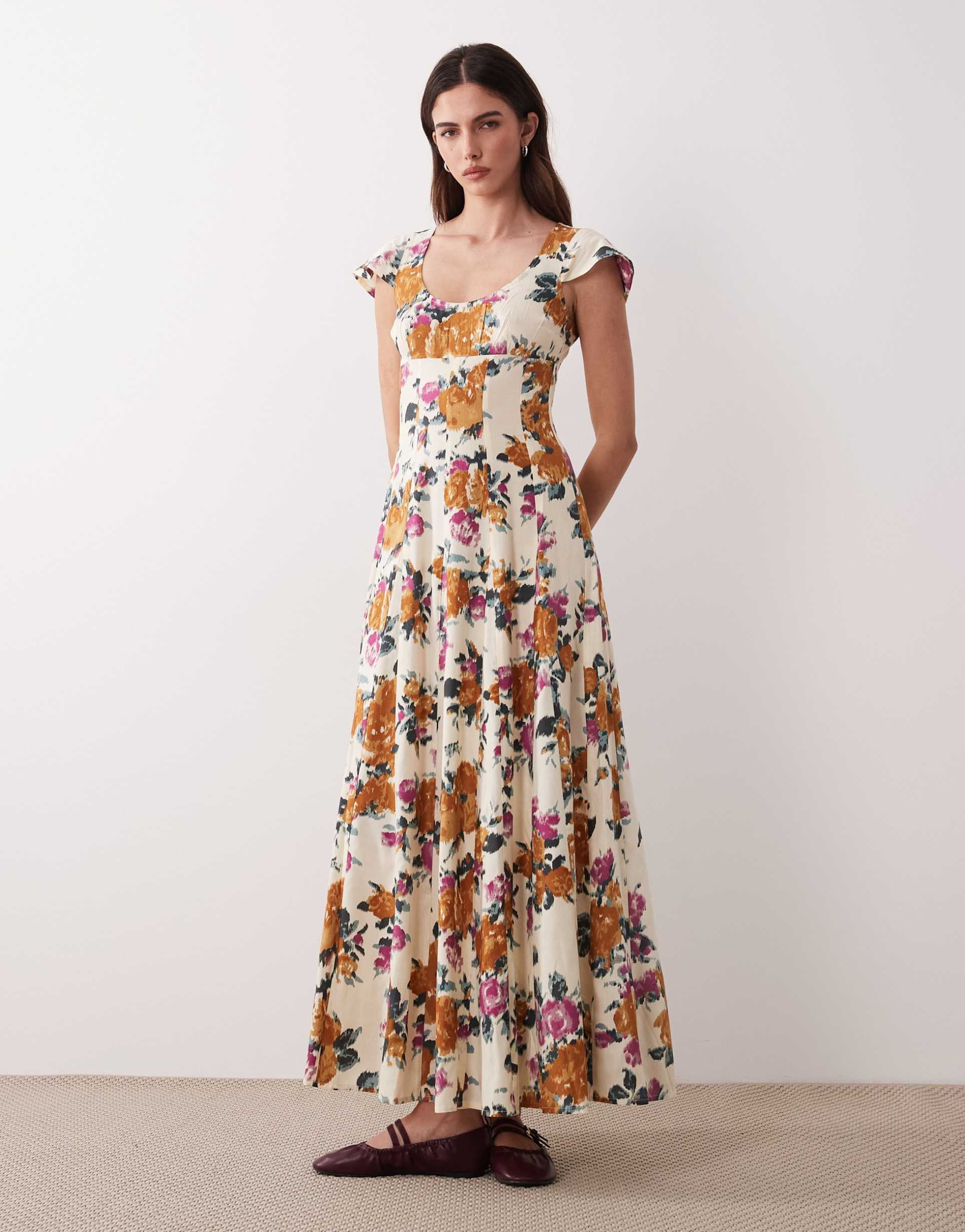asos design scoop neck short sleeve maxi dress with godets in multi floral print
