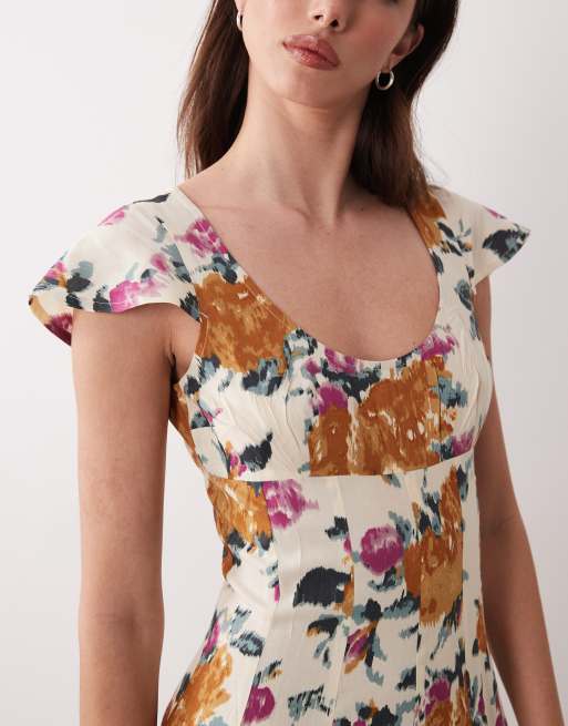 ASOS DESIGN scoop neck short sleeve maxi dress with godets in multi floral print, 3 of 4