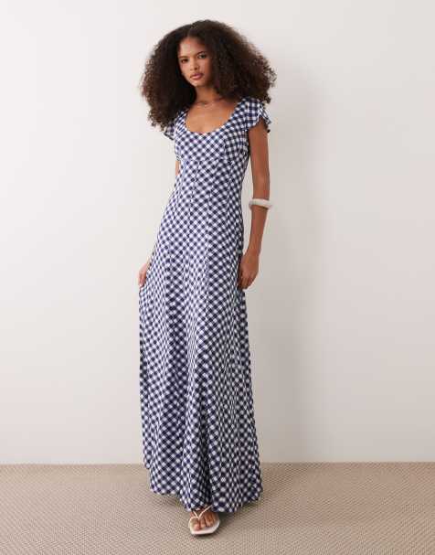 ASOS DESIGN scoop neck short sleeve maxi dress with godets in navy gingham print - view 1