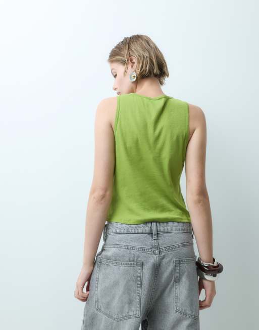 ASOS DESIGN scoop neck singlet top with gold trim detail in green, 5 of 5