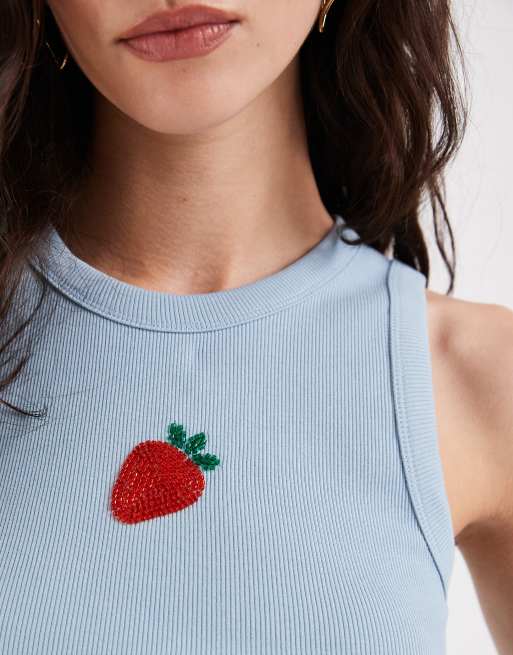 ASOS DESIGN scoop neck singlet with embellished strawberry graphic in baby blue, 2 of 4
