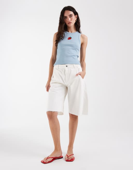 ASOS DESIGN scoop neck singlet with embellished strawberry graphic in baby blue, 3 of 4