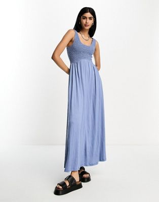 ASOS DESIGN scoop neck sleeveless crinkle contrast midi dress in denim blue