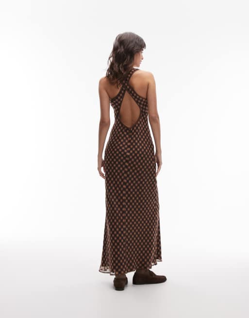 ASOS DESIGN scoop neck slip maxi dress in brown check print, 3 of 4