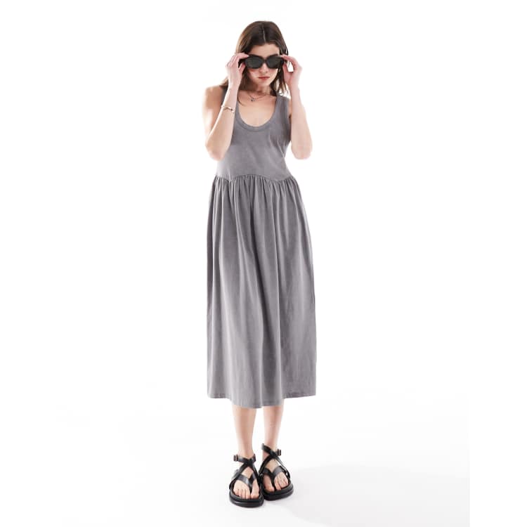 asos grey midi dress ASOS DESIGN frill detail printed side midi dress in gray