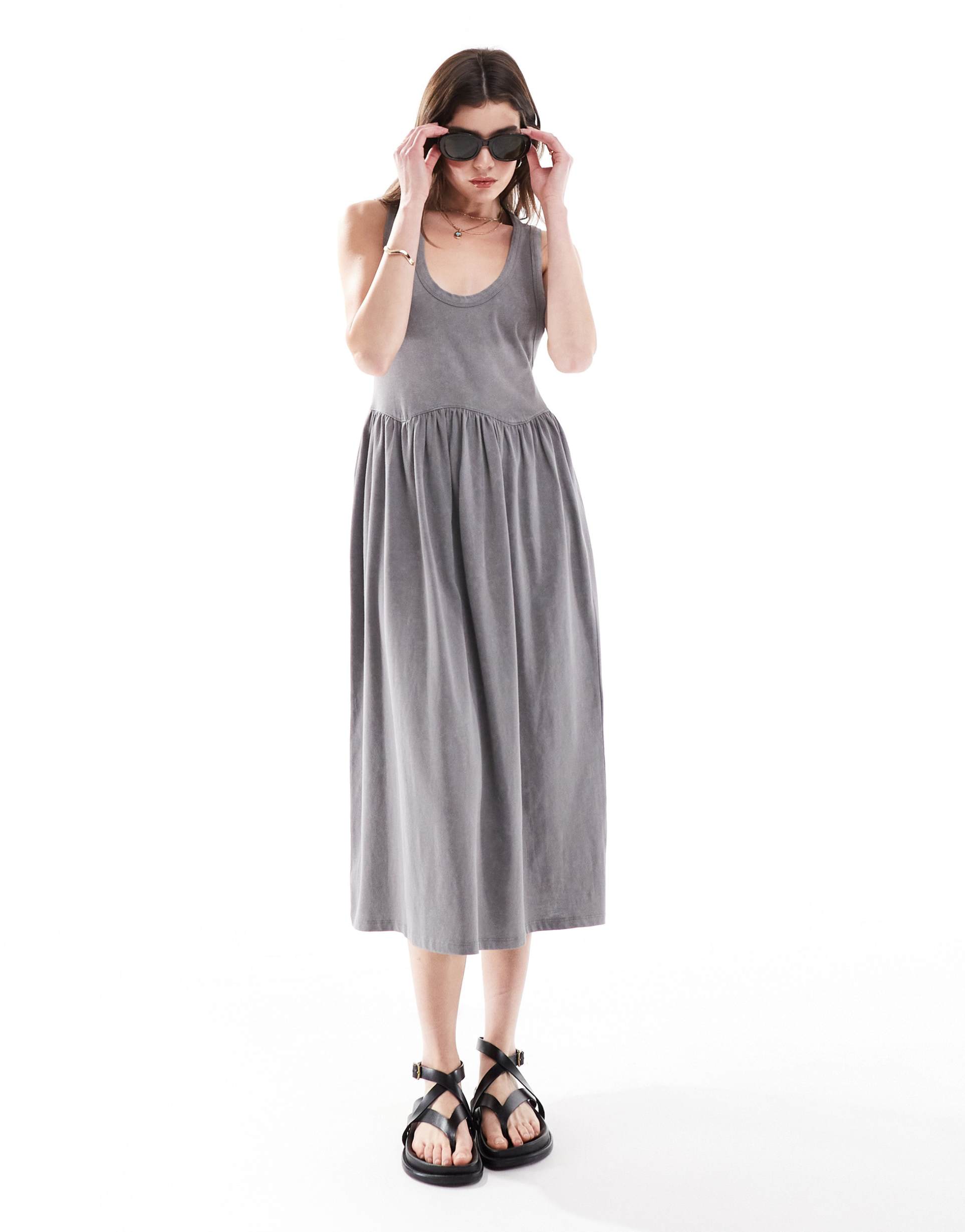 asos design scoop neck smock midi dress in washed gray