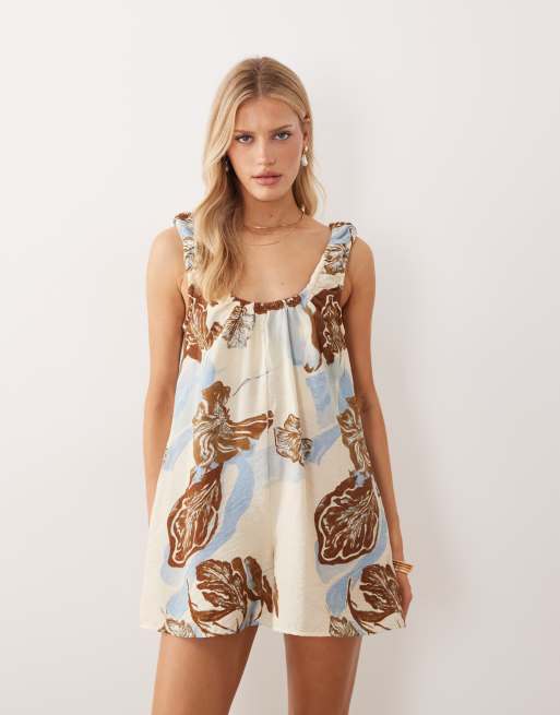 ASOS DESIGN scoop neck smock playsuit in brown floral print, 4 of 4