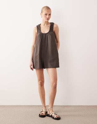 Asos Design Scoop Neck Smock Romper In Gray