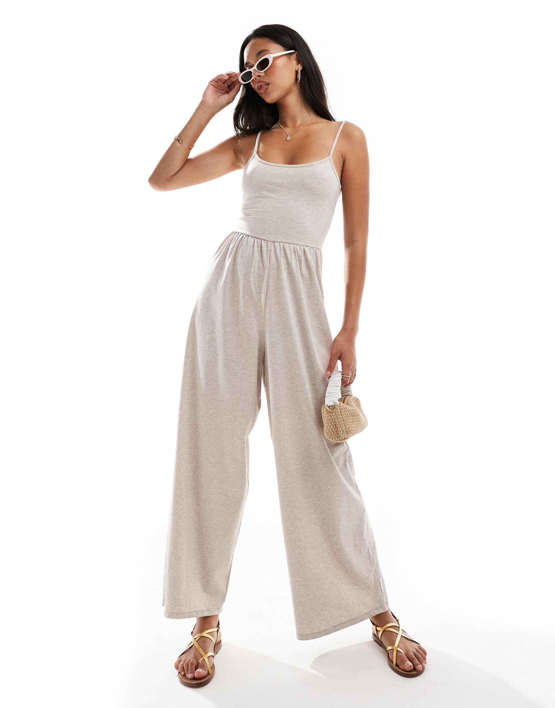 asos design scoop neck strappy wide leg jumpsuit in oatmeal