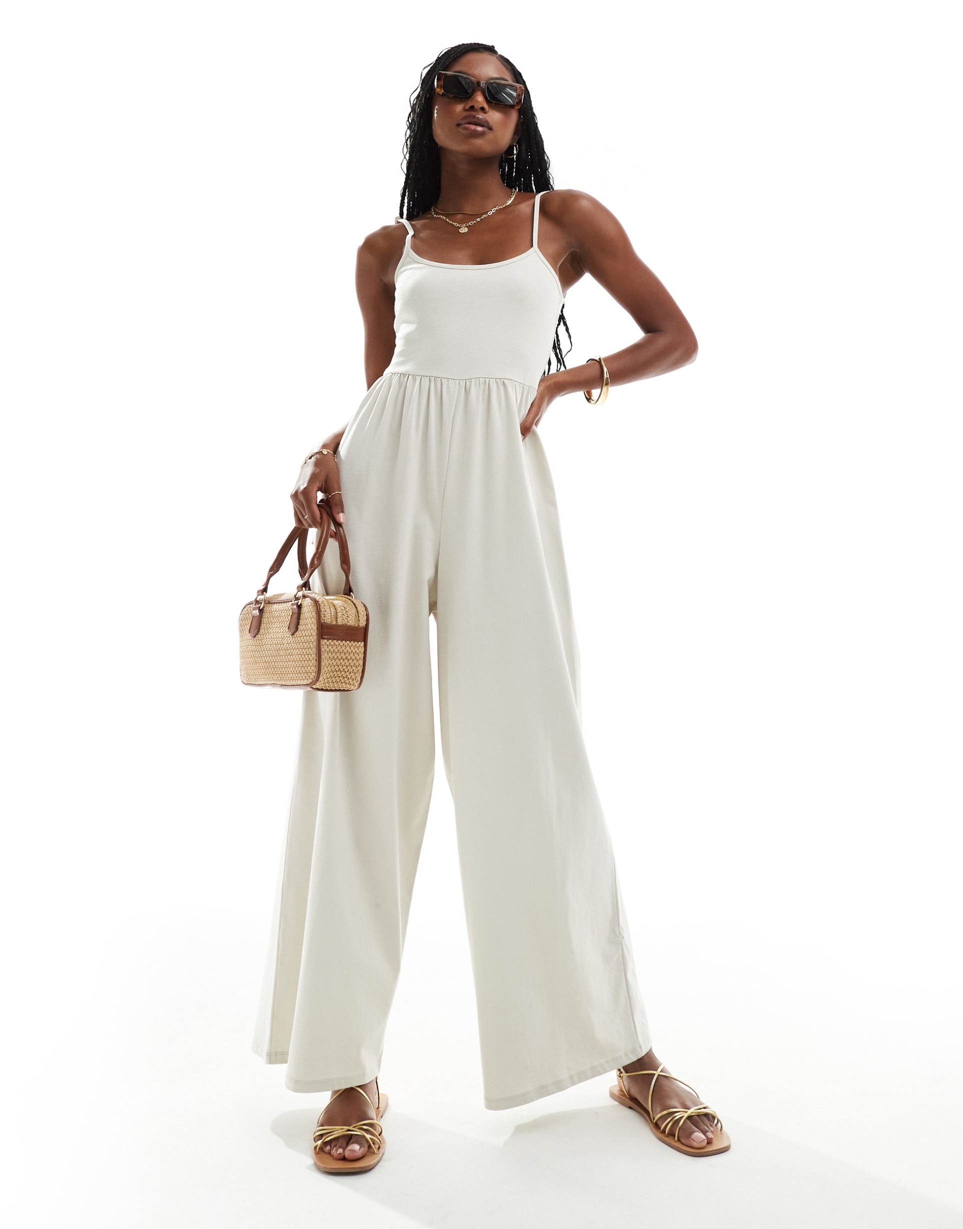 asos design scoop neck strappy wide leg jumpsuit in stone