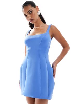 Asos Design Scoop Neck Structured Highlow Mini Dress In Blue