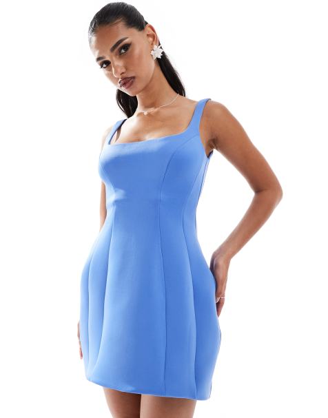 ASOS DESIGN scoop neck structured highlow mini dress in blue - view 1