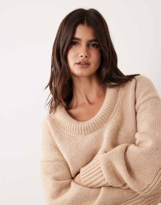 ASOS DESIGN scoop neck stuffed trim sweater in oatmeal, 3 of 4