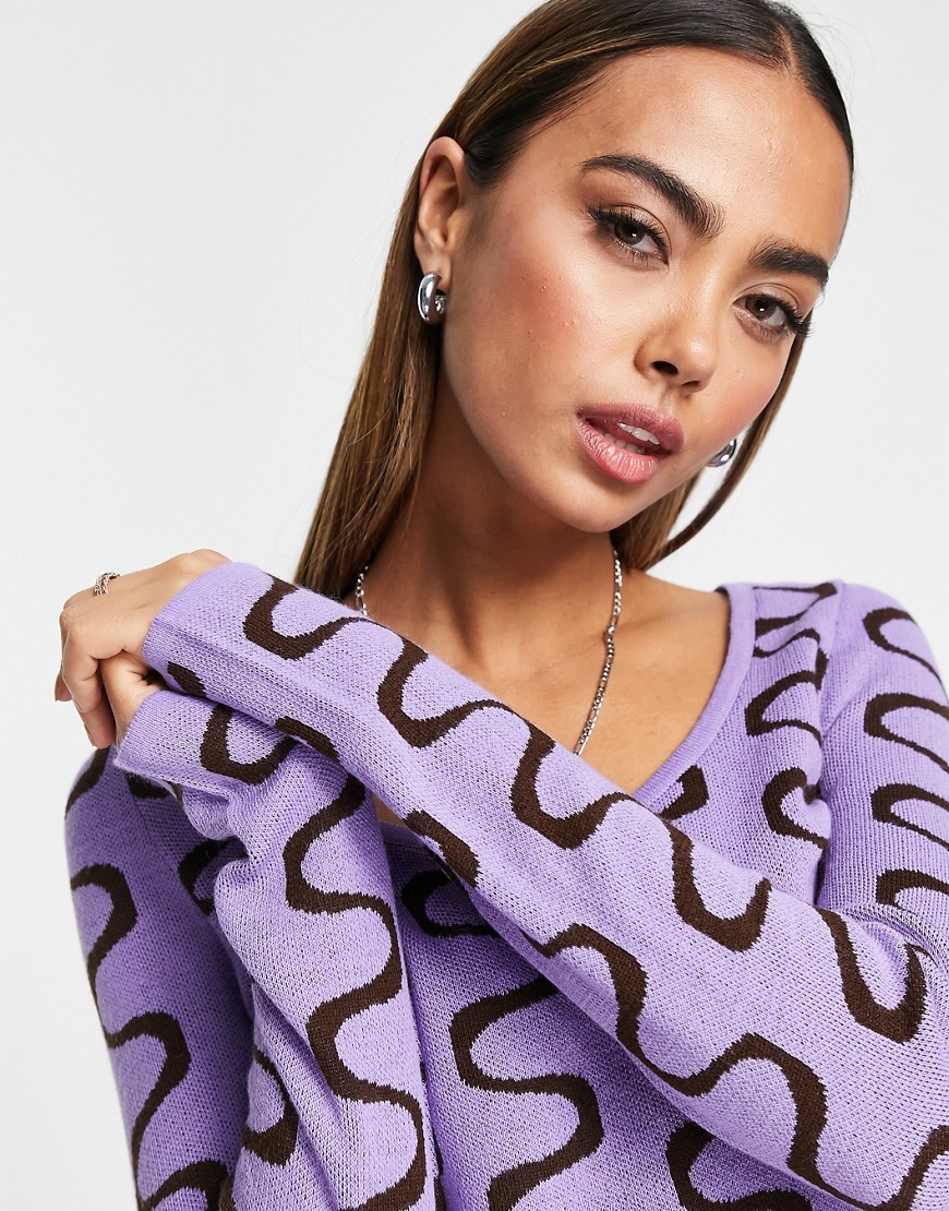 ASOS DESIGN scoop neck sweater in lilac wavy pattern in lilac-Purple