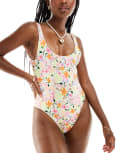 [ASOS DESIGN] ASOS DESIGN scoop neck swimsuit with low back in scribble floral print-Multi 14 Scribble floral
