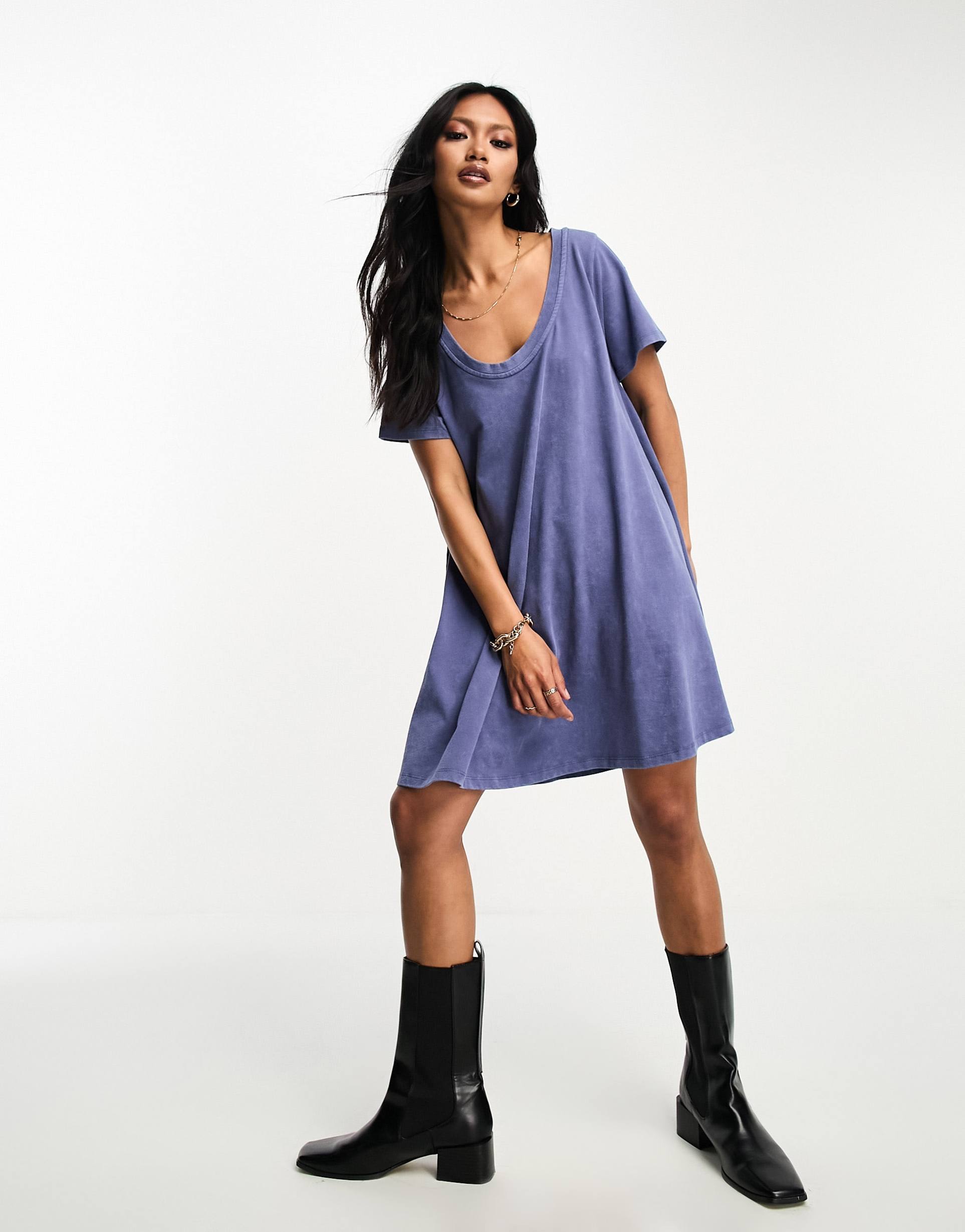 asos design scoop neck swing mini dress in washed blue