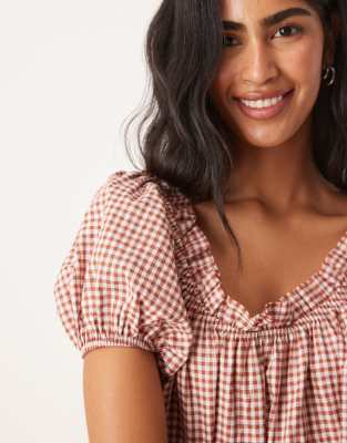 ASOS DESIGN scoop neck swing mini dress with puff sleeve in chocolate gingham