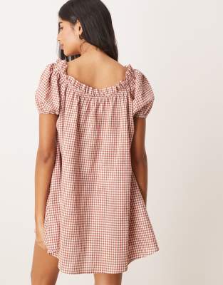 ASOS DESIGN scoop neck swing mini dress with puff sleeve in chocolate gingham