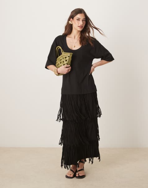ASOS DESIGN scoop neck t shirt midi dress with fringe skirt in black - view 1