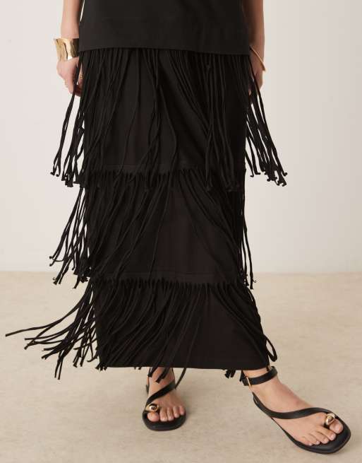 ASOS DESIGN scoop neck t-shirt midi dress with fringe skirt in black