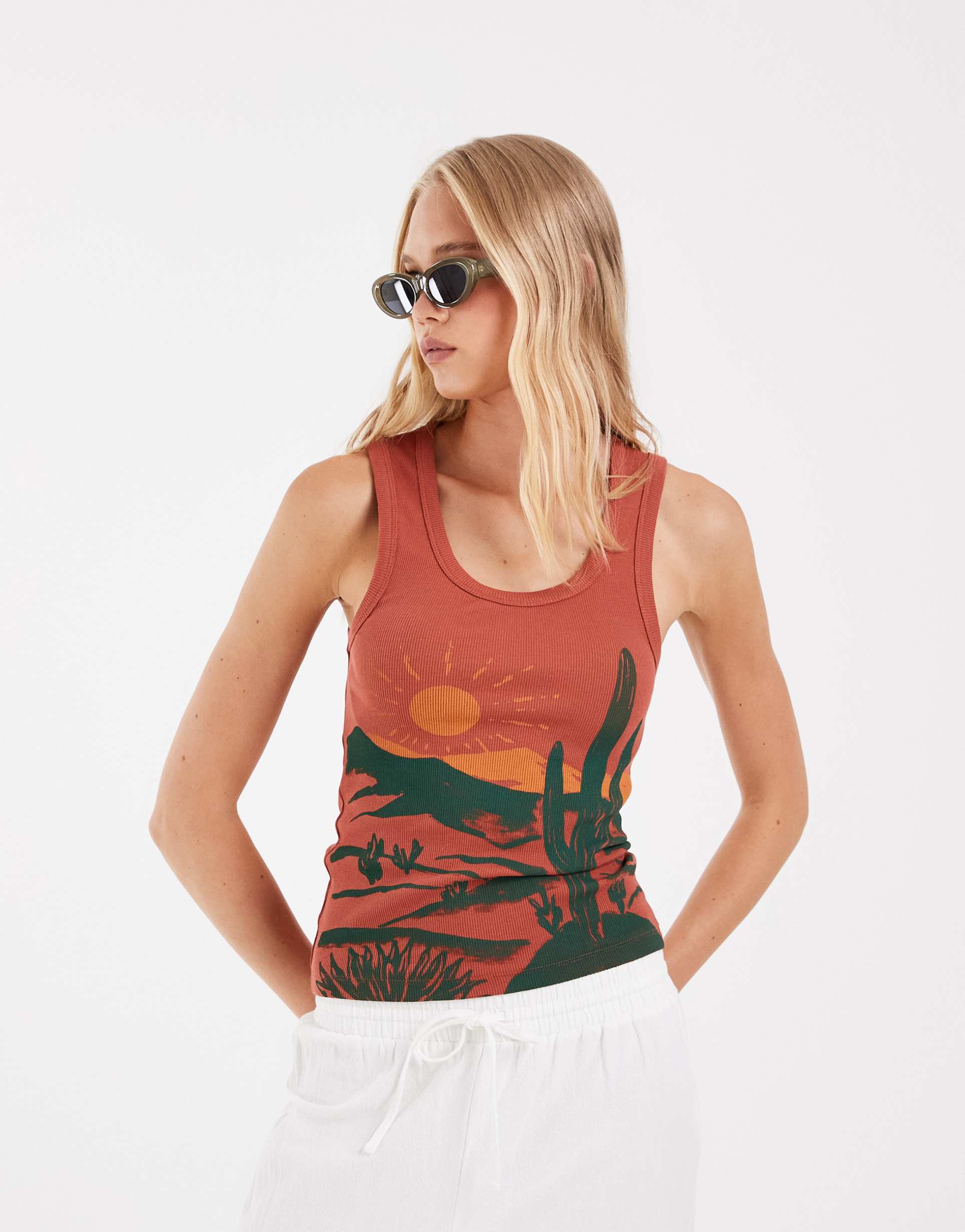 asos design scoop neck tank top with desert graphic in rust
