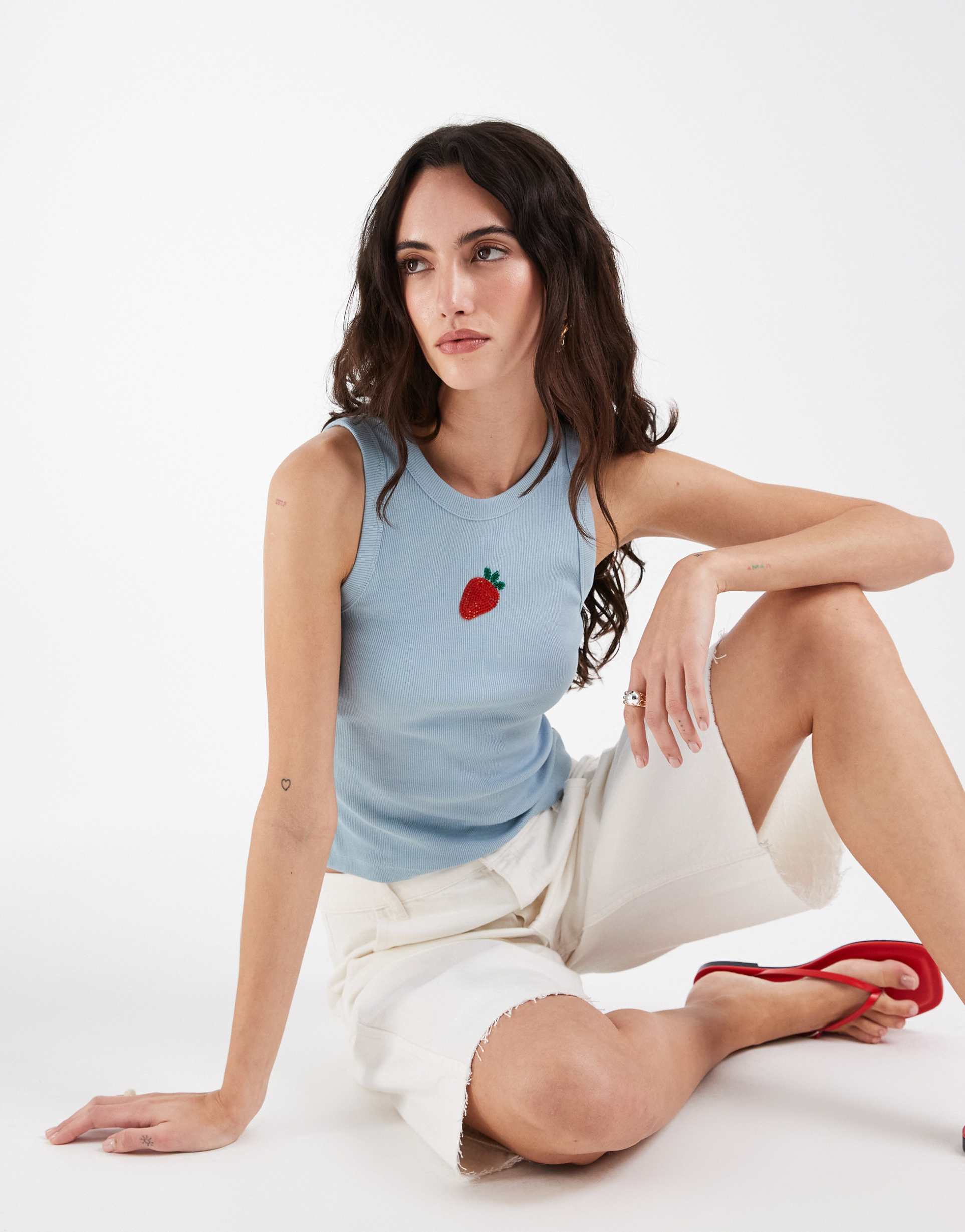 asos design scoop neck tank top with embellished strawberry graphic in baby blue