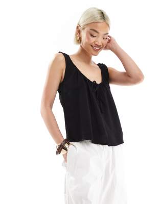 Asos Design Scoop Neck Tank Top With Tie Front In Black