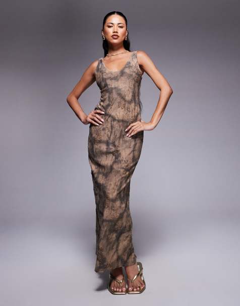 ASOS DESIGN scoop neck textured glitter midi dress with gold hardware trim in abstract brown print - view 1