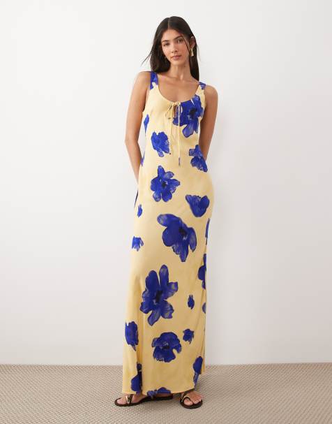 ASOS DESIGN scoop neck tie front midi dress in blown out blue floral - view 1