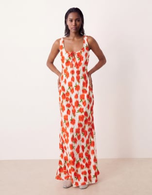 ASOS DESIGN scoop neck tie front midi dress in blurred rose print
